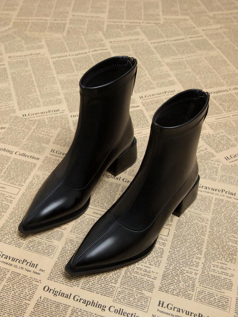 2026 Autumn New Arrival Women's Elegant Minimalist Boots, Chunky Low Heel Pointed Toe Shoes, Versatile Fashion Ankle Boots For Fall/Winter - Black - View 1