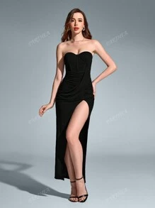 PARTHEA Vestido corset tipo tubo de malla fruncida con boning de abertura lateral, vestido de cóctel elegante semi-formal para fiesta de graduación, boda, cumpleaños o evento social