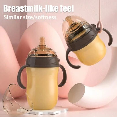 1pc 150ml/180ml/240ml/330ml Silicone Baby Bottle With Handle, Wide Neck Anti-Colic Feeding Bottle, Soft Material, Durable For Daily Use