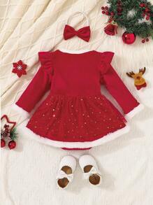 Autumn Winter New Christmas Themed Warm Baby Girl Bodysuit - Red - View 2