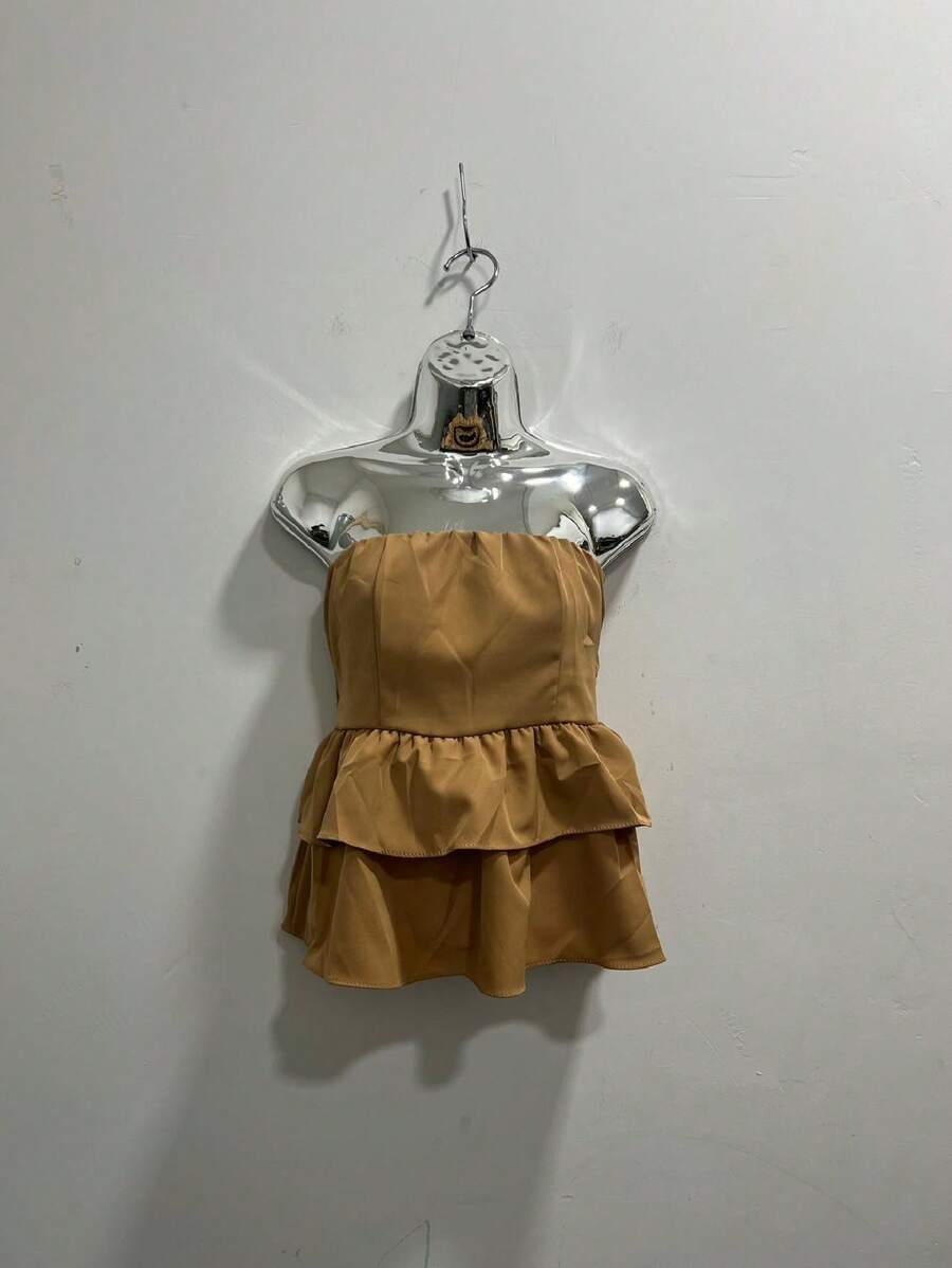 Beautiful Short Doll Dress, Backless With Ruffle, Fashion Blogger - 棕色 - 查看 1