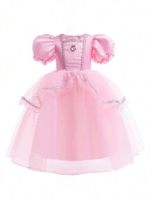 Gaun Putri Organza Elegan Lengan Mengembang Warna Merah Muda untuk Anak Perempuan, Cocok untuk Pesta Bermain Peran - Berwarna merah muda - View 9