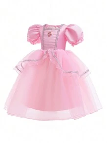 Gaun Putri Organza Elegan Lengan Mengembang Warna Merah Muda untuk Anak Perempuan, Cocok untuk Pesta Bermain Peran - Berwarna merah muda - View 2