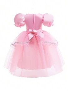 Gaun Putri Organza Elegan Lengan Mengembang Warna Merah Muda untuk Anak Perempuan, Cocok untuk Pesta Bermain Peran - Berwarna merah muda - View 3