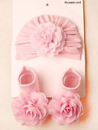 1pc Baby Hat And 1 Pair Flower Anti-Slip Baby Socks, Suitable For Everyday, Parties, Gatherings, And Holidays, 0-2 Years Old