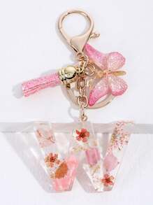 1pc New Dried Flower Crystal Epoxy Flower Letter Keychain, Fashion Bag Charm Tassel Butterfly Keyring Halloween Gift Souvenir Car Accessories School Cute Goth Y2k - Pink - View 19