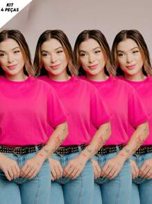 Kit 4 Basic Tshirt Women's Blouse Cotton Baby Look T-Shirt Comfortable Versatile Basic Plain Round Neck T-Shirt Kit - Màu Hồng Tươi - Xem 1