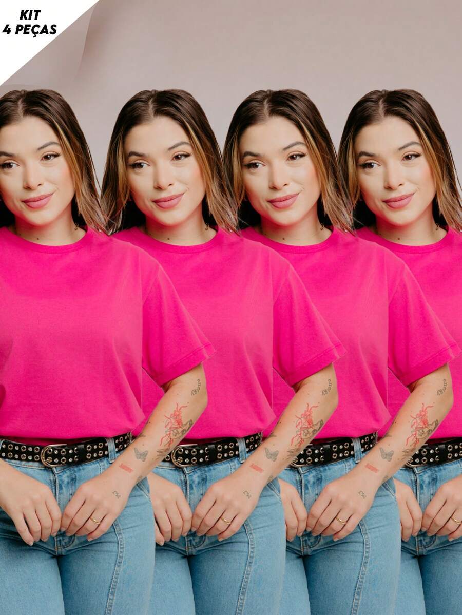 Kit 4 Basic Tshirt Women's Blouse Cotton Baby Look T-Shirt Comfortable Versatile Basic Plain Round Neck T-Shirt Kit - Màu Hồng Tươi - Xem 1