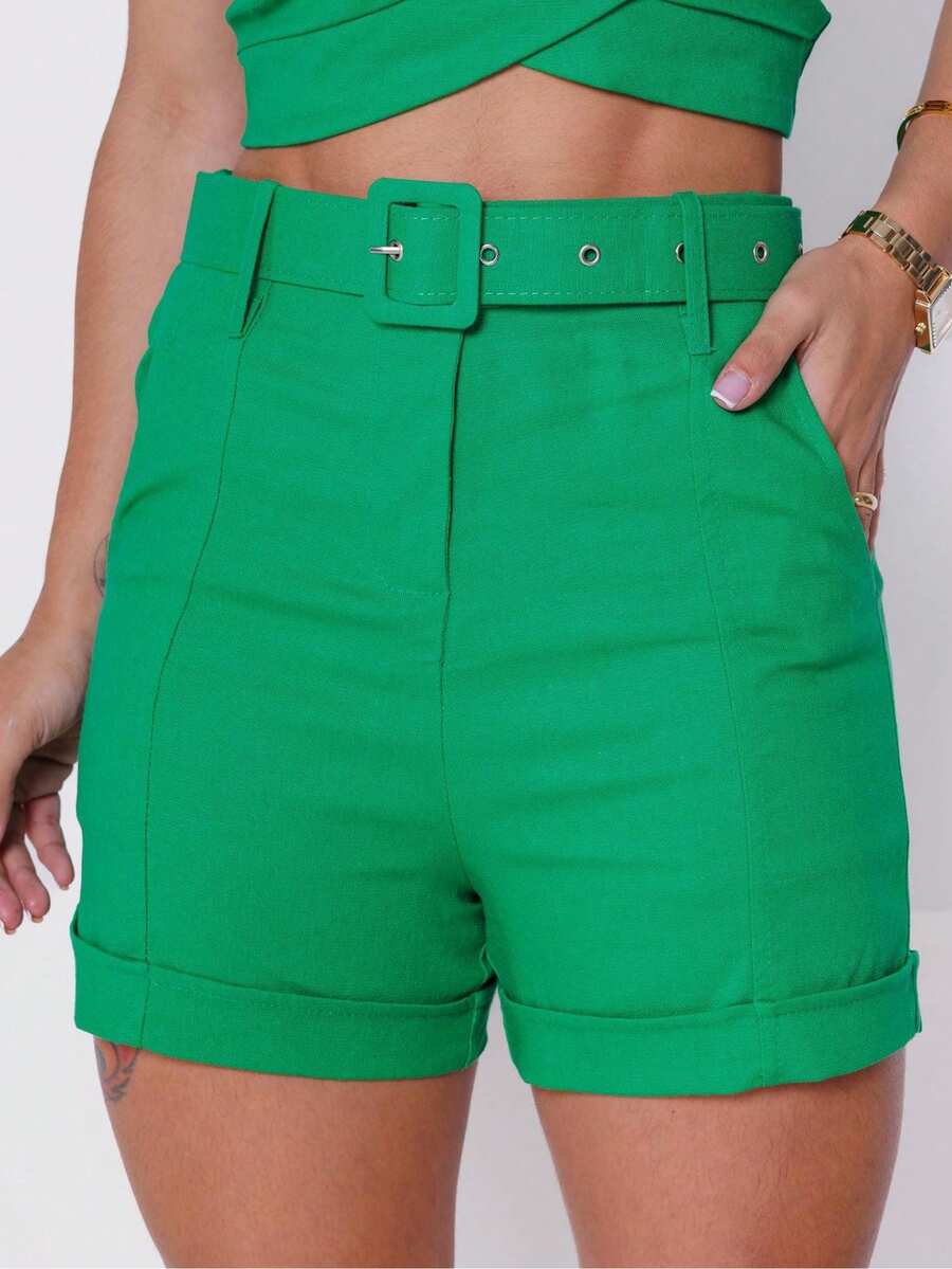 Linen Shorts With Belt And Pocket Size P 36-38 M 38-40 G 40-42 Gg 42-44 - màu xanh lá - Xem 1