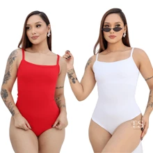 KIT 2 Women's Bodysuit With Thin Straps Premium Ribbed Terrycloth Straps - WHITE aND RED - View 1
