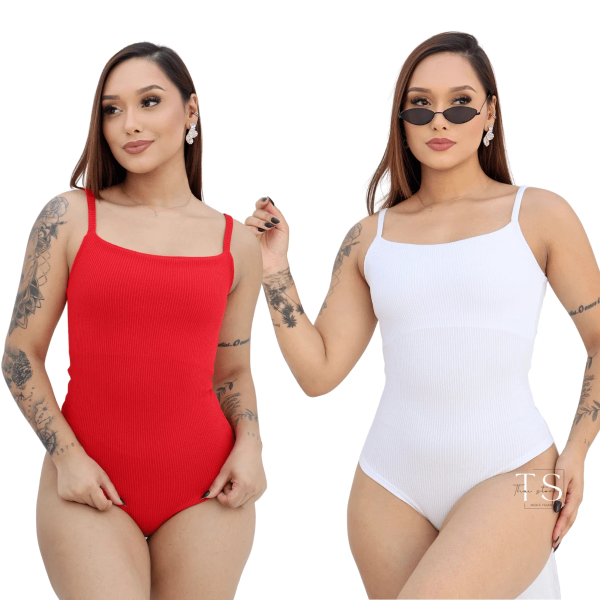 KIT 2 Women's Bodysuit With Thin Straps Premium Ribbed Terrycloth Straps - WHITE aND RED - View 1