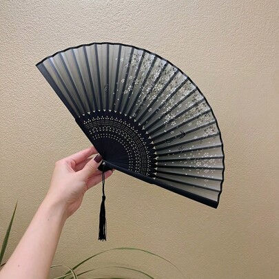1 Piece Antique Folding Bamboo Fan, Dance Fan Decorated With Black Butterfly Tassel Floral Pattern, Manual Fan Elegant