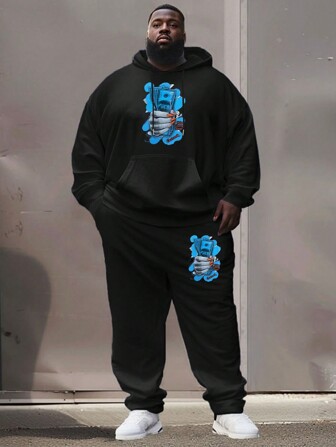 2 件套男士加厚保暖内衬连帽衫和运动裤套装，2025 年秋冬新款休闲大码套装