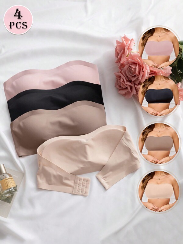 4pcs Women's Strapless Seamless Bra Bandeau Bras For Girls