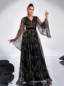 Missord Vestido de noche formal de manga larga con contraste de malla y cuello en V para mujeres, vestido de gala negro para invitado de boda, graduación, cena