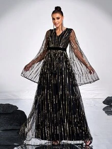 Missord Vestido de noche formal de manga larga con contraste de malla y cuello en V para mujeres, vestido de gala negro para invitado de boda, graduación, cena