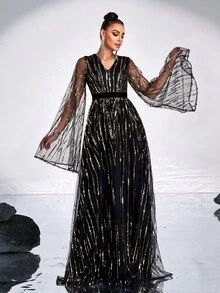 Missord Vestido de noche formal de manga larga con contraste de malla y cuello en V para mujeres, vestido de gala negro para invitado de boda, graduación, cena