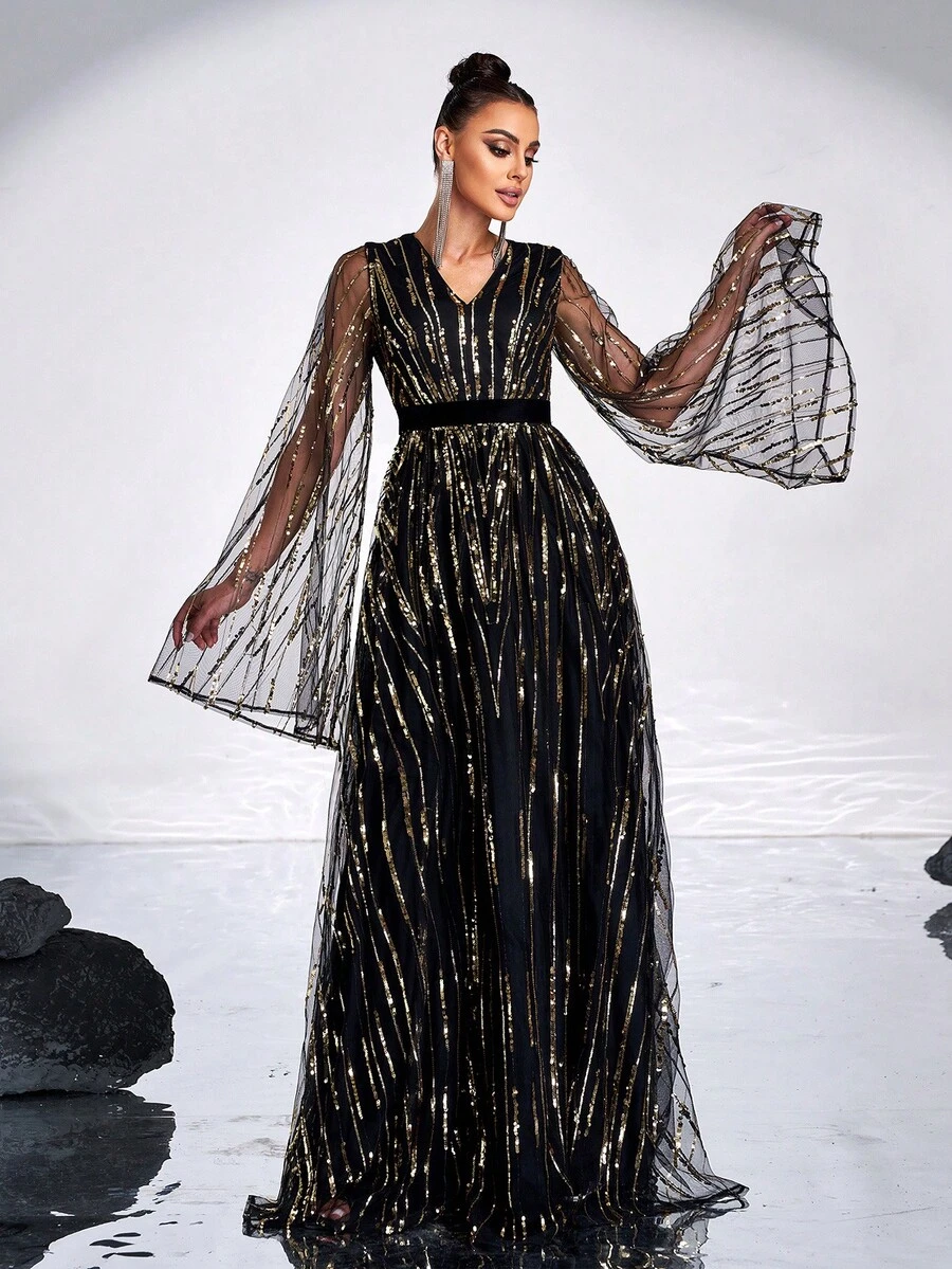 Missord Vestido de noche formal de manga larga con contraste de malla y cuello en V para mujeres, vestido de gala negro para invitado de boda, graduación, cena