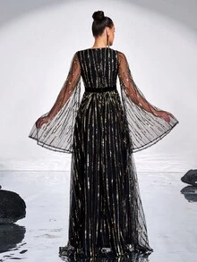 Missord Vestido de noche formal de manga larga con contraste de malla y cuello en V para mujeres, vestido de gala negro para invitado de boda, graduación, cena