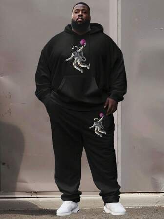 Men's Thermal Lined Hooded Sweatshirt And Sweatpants Set, Fall Winter 2022 New Plus Size Loose Fit Graphic Print Pullover Suit