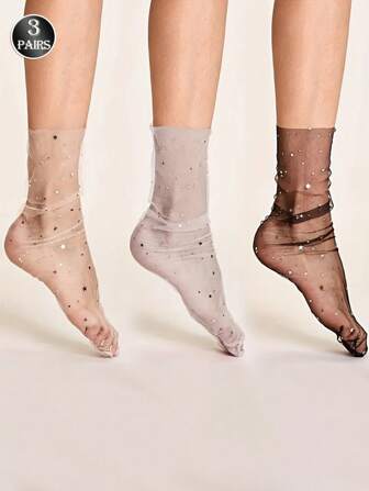 3 Pairs Sheer Mesh Sparkle Star Mid-Calf Stockings With No Heel