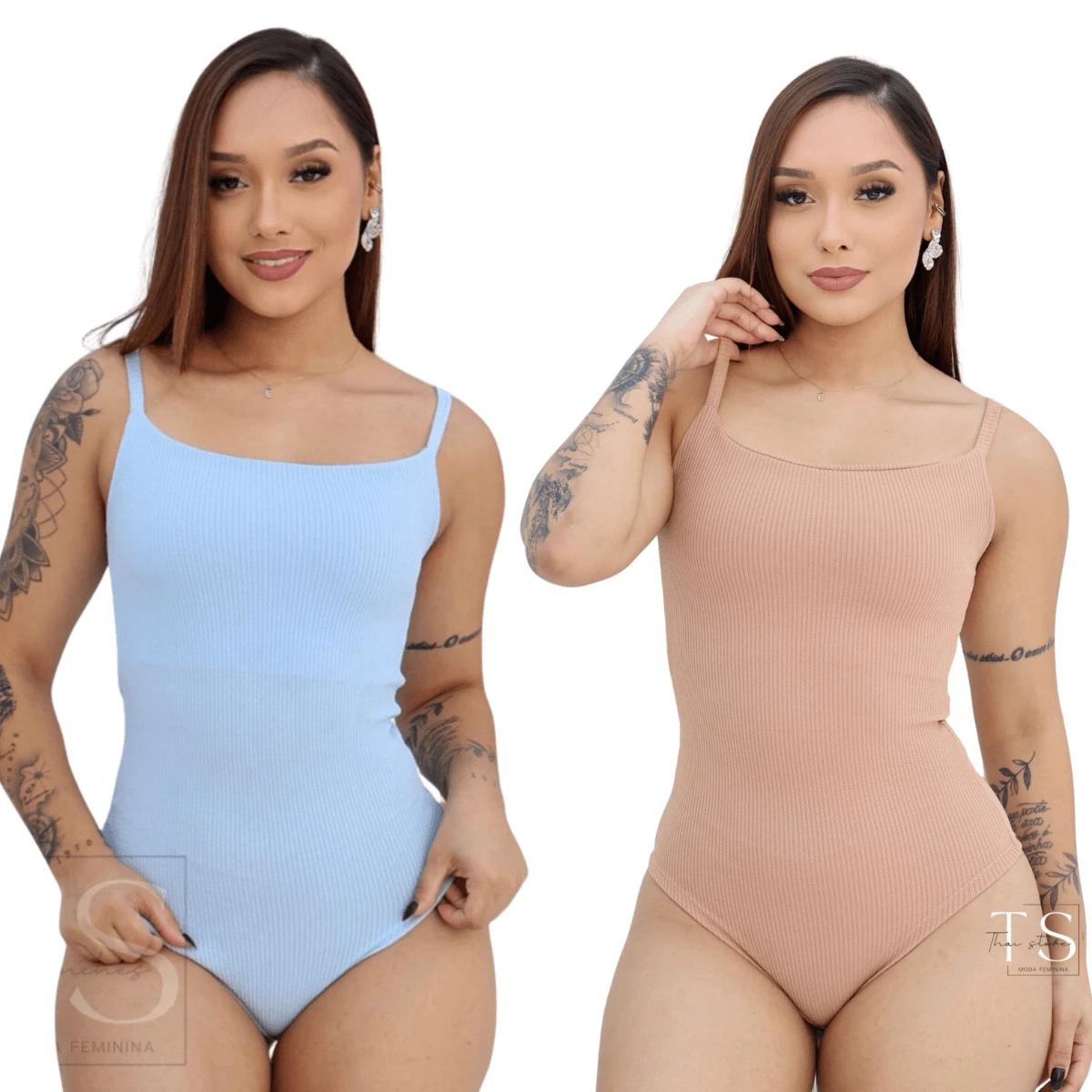 KIT 2 Women's Bodysuit With Thin Straps Premium Ribbed Terrycloth Straps - NUDE aND BABY BLUE - View 1