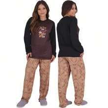 Click Mais Bonita Women's Plush Suede Long Sleeve Winter Pajamas - 棕色 - 查看 2