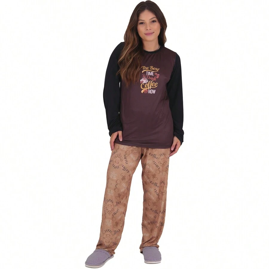Click Mais Bonita Women's Plush Suede Long Sleeve Winter Pajamas - 棕色 - 查看 1
