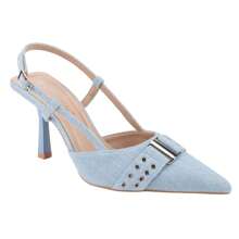 BELOVELY[ORDER-50]Denim Slingback Heel Sandals Closed Pointed Toe Strappy Heels Pumps Ankle Buckle Stiletto Shoes For Women - DENIM ÁNH SÁNG - Xem 1