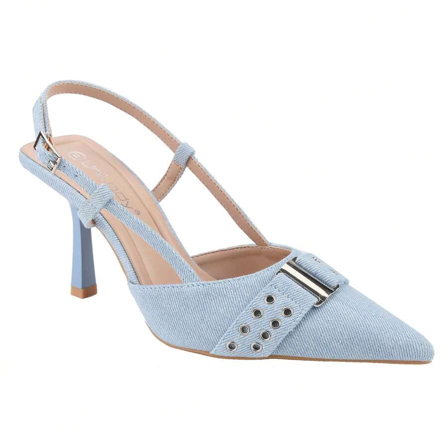 BELOVELY[ORDER-50]Denim Slingback Heel Sandals Closed Pointed Toe Strappy Heels Pumps Ankle Buckle Stiletto Shoes For Women - DENIM ÁNH SÁNG - Xem 1
