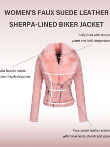 Women Faux Leather Suede Jacket Moto Biker Coat Sherpa-Lined Overcoat With Removable Belt