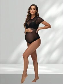 Maternity Photoshoot Bodysuit Sexy Mesh See-Through Short Sleeve Outfits Pregnant Women Leotard Bodycon For Baby Shower - Black - View 1