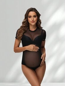 Maternity Photoshoot Bodysuit Sexy Mesh See-Through Short Sleeve Outfits Pregnant Women Leotard Bodycon For Baby Shower - Black - View 4