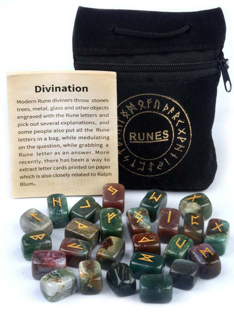 优质天然水晶玛瑙符文石、青金石符文符号、绿紫水晶雕刻字母袋装珠宝套装 - 一套水晶刻字套裝 - 查看 6