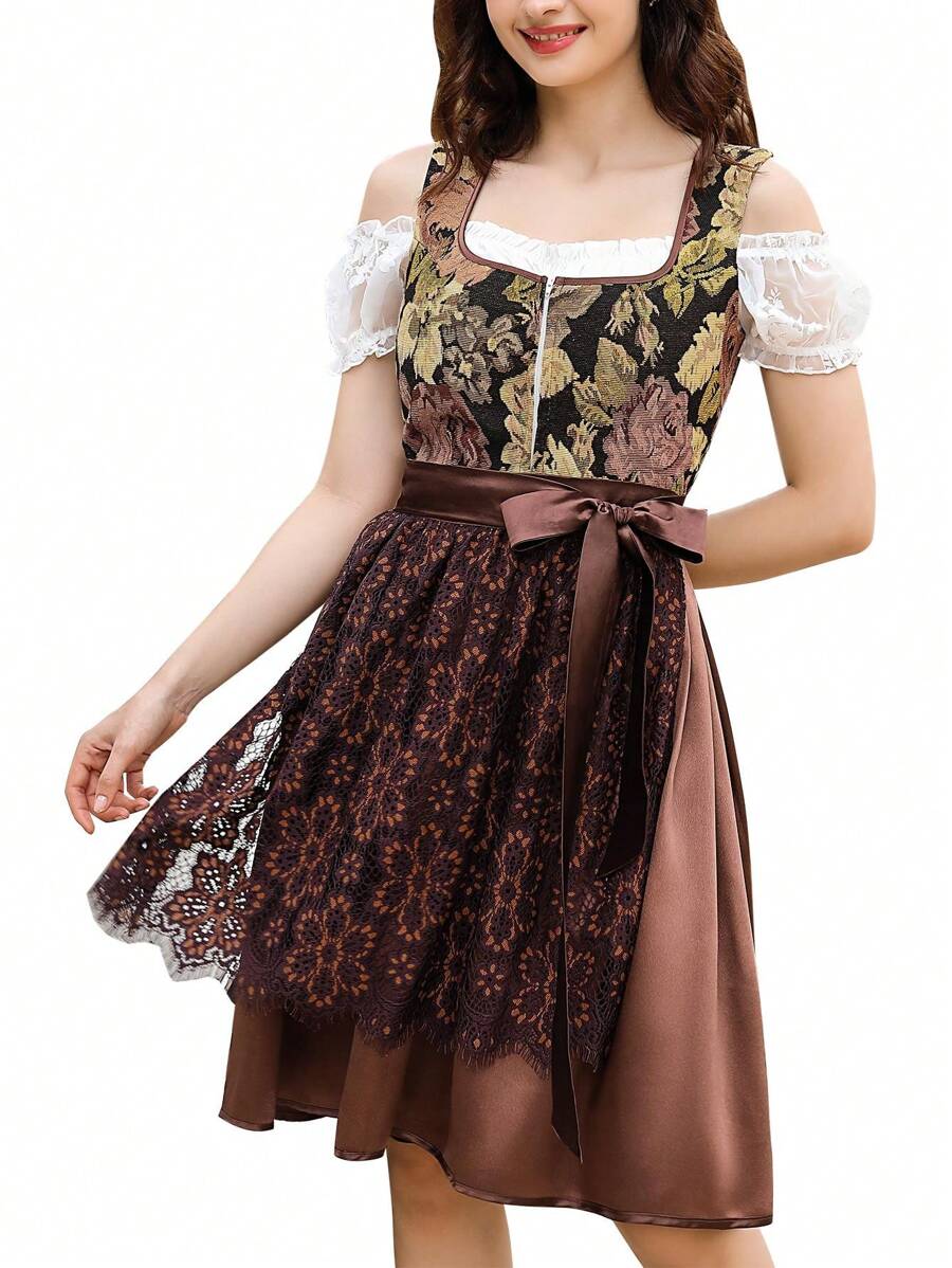 Yesfashion Women 3 Pieces Bavarian Oktoberfest Costumes Traditional Vintage German Dirndl Dress - 棕色 - 查看 1