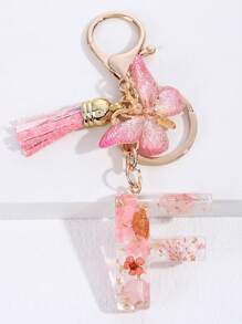 1pc New Dried Flower Crystal Epoxy Flower Letter Keychain, Fashion Bag Charm Tassel Butterfly Keyring Halloween Gift Souvenir Car Accessories School Cute Goth Y2k - Pink - View 20