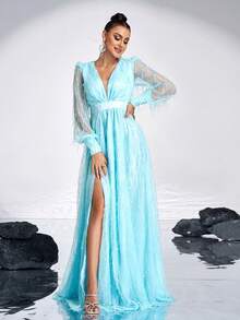 Missord Vestido de baile feminino com decote em V, manga comprida, lantejoulas, cintura apertada, elegante, vestido de festa, vestido de convidado de casamento, vestido formal, vestido de noite - Azul - Ver 4