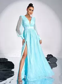 Missord Vestido de baile feminino com decote em V, manga comprida, lantejoulas, cintura apertada, elegante, vestido de festa, vestido de convidado de casamento, vestido formal, vestido de noite - Azul - Ver 2
