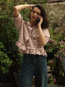 女士荷叶边条纹长袖衬衫