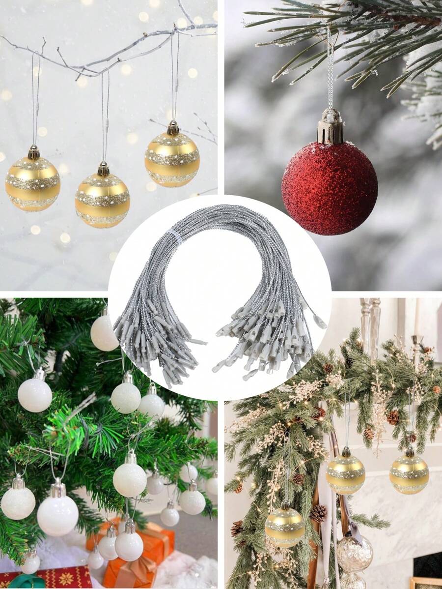 100 件 20 厘米银色坚固快速安装聚酯绳适用于圣诞吊坠派对装饰、圣诞树圣诞球、礼品包装用品标签紧固件、圣诞装饰配件、挂绳 DIY 工艺品、圣诞节