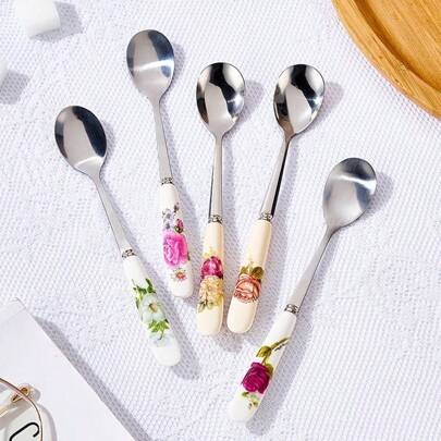 6pcs Stainless Steel Coffee Spoons With Ceramic Handles - Perfect For Mixing, Sugar, Ice Cream & Soup - Ideal Kitchen & Dining Accessories Back To School