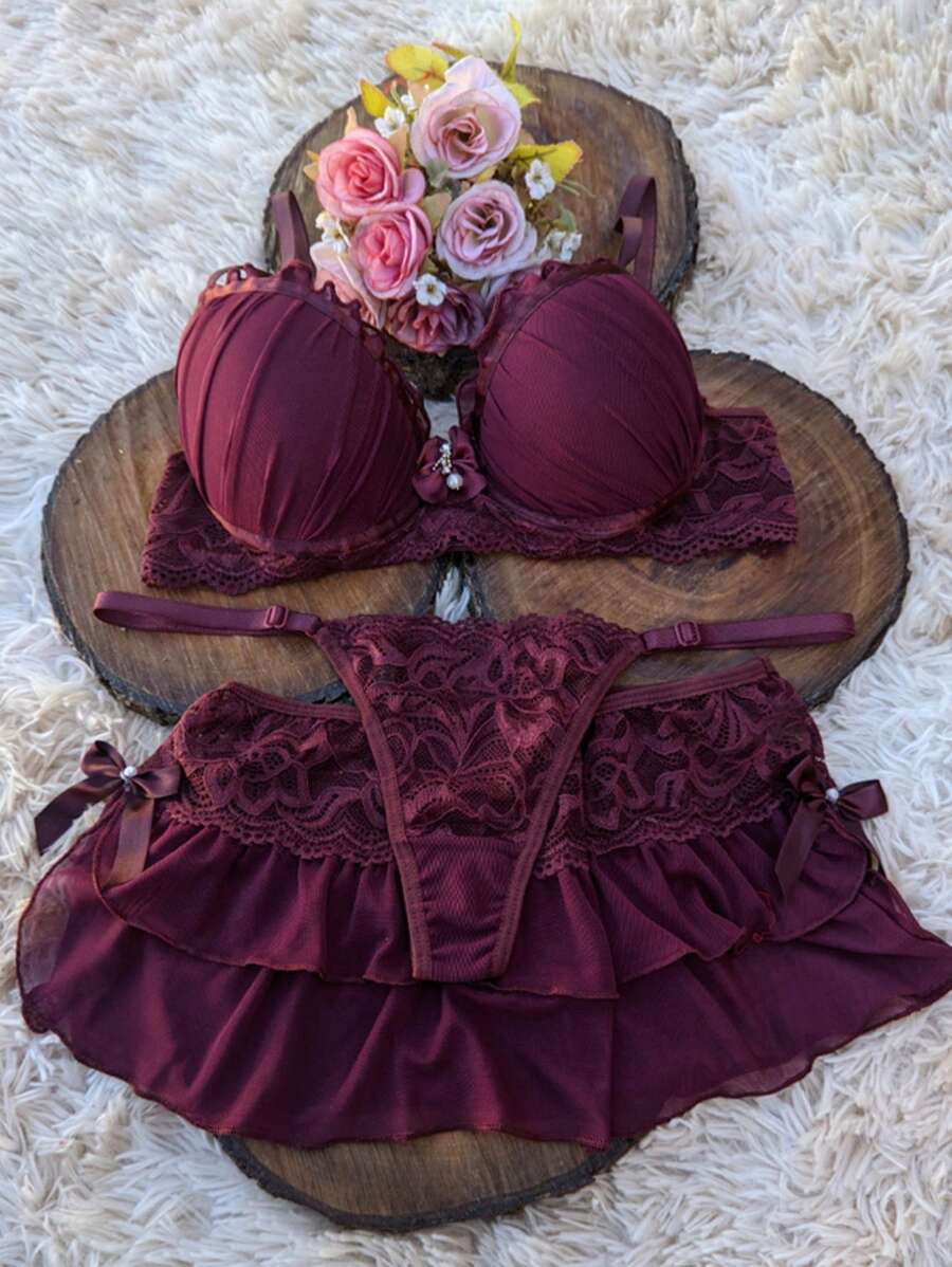 Lingerie With Bra Panties And Mini Skirt Thong And Skirt Sensual Lingerie Set With Madonna Cup - 酒紅色 - 查看 1