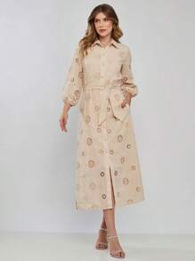 Longuete Dress With Laise Sleeves And Cordonê Embroidery - 米色 - 查看 1