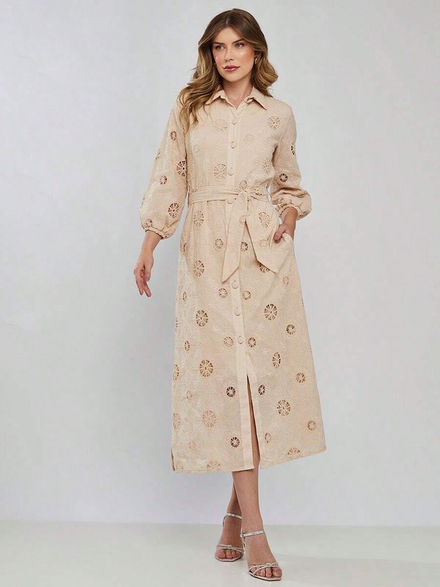 Longuete Dress With Laise Sleeves And Cordonê Embroidery - 米色 - 查看 1