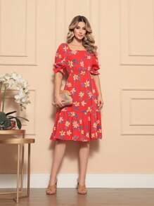 Women's Midi Dress | Crepe With Elastec L Polka Dots L Off The Shoulder. - 紅色 - 查看 1