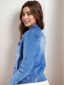 FINTI Chamarra de Mezclilla Azul Claro Tipo Cazadora para Mujer: Manga Larga y Flexible - Azul - Ver 4