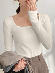 Women's White Knit Threaded Long Sleeve Low Neck High Stretch T-Shirt, Fashion Simple Casual Early Fall Bottom Shirt, Long Sleeve T-Shirt Long Sleeve Bottom Shirt Bottom Tops