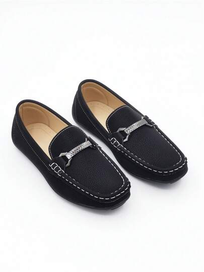 Teen Boys Slip-On Loafers, Simple Casual Black Flats, Suitable For All Seasons