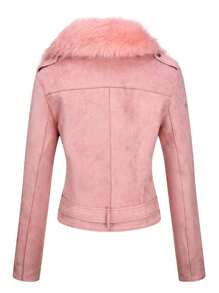 Women Faux Leather Suede Jacket Moto Biker Coat Sherpa-Lined Overcoat With Removable Belt