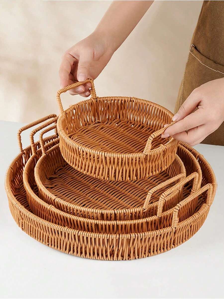 4pcs/3pcs/2pcs/1pc Portable Storage Basket, Bread, Dessert Plate, Fruit Basket, Snack, Candy, Bun Collection Tray, Multifunctional Storage Basket - Khaki - View 1